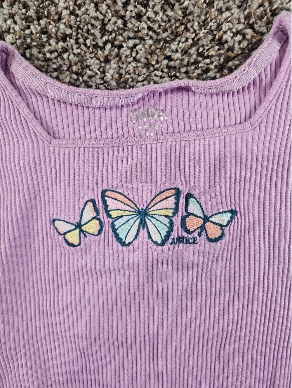 Justice Girls Sz M Short Sleeve Square Neck T-Shirt Purple Butterfly Embroidered